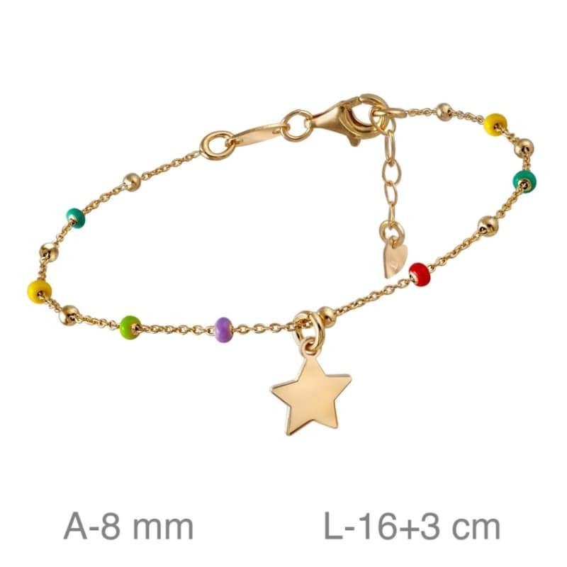 Pulsera Estrella y Bolitas Colores Plata Ley Bañada en Oro