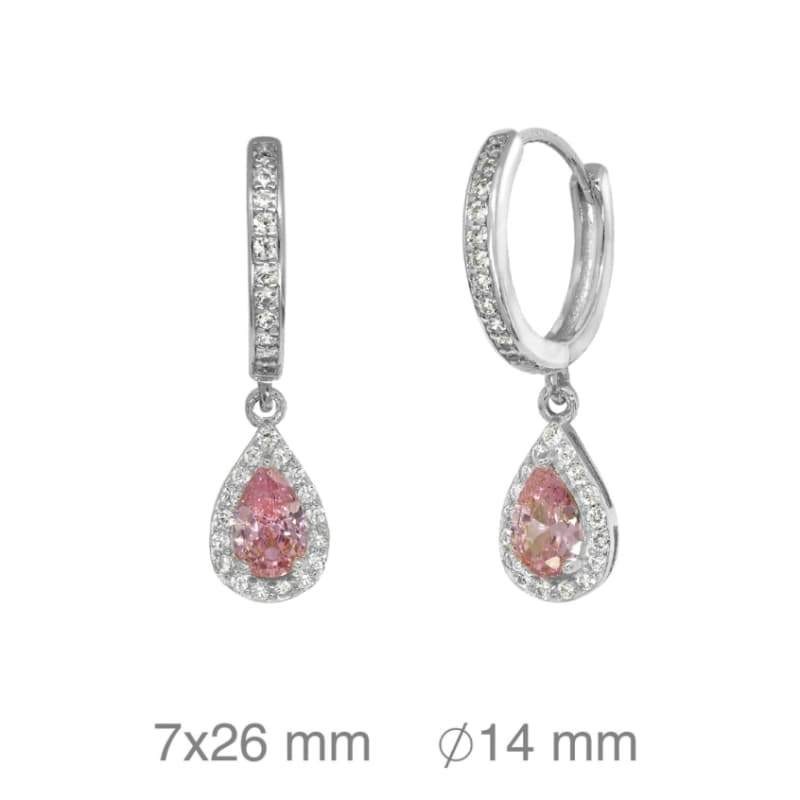 Pendientes Aros con Circonitas y Lagrima color Rosa de Plata Ley