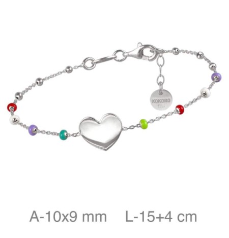 Pulsera Corazón y Bolitas de Colores en Plata Ley