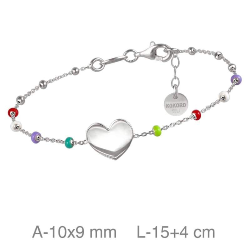 Pulsera Corazón y Bolitas de Colores en Plata Ley