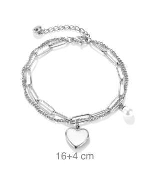 Pulsera Doble con Corazón de Nácar y Perla en Acero