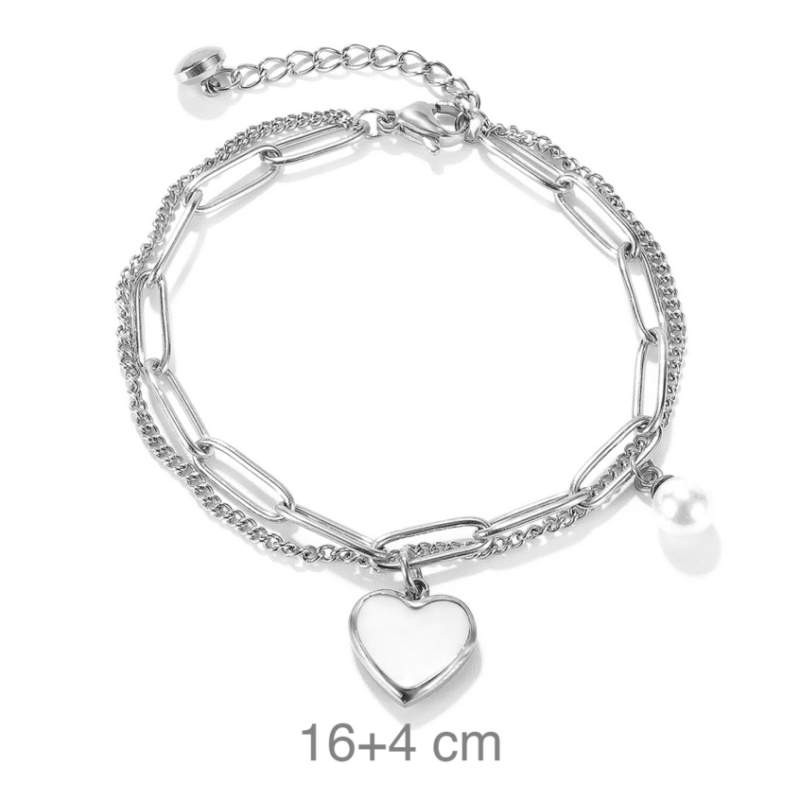 Pulsera Doble con Corazón de Nácar y Perla en Acero