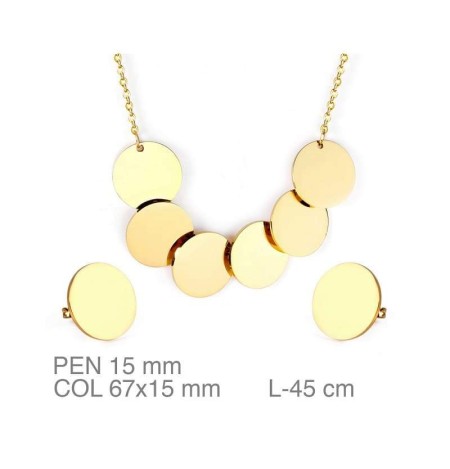 Conjunto de Pendientes y Collar con Discos en Acero Dorado