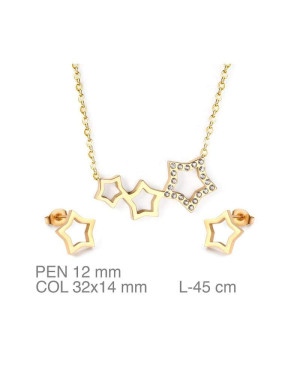 Conjunto de Pendientes y Collar de Estrellas con Circonita en Acero Dorado