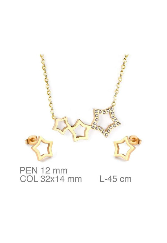 Conjunto de Pendientes y Collar de Estrellas con Circonita en Acero Dorado