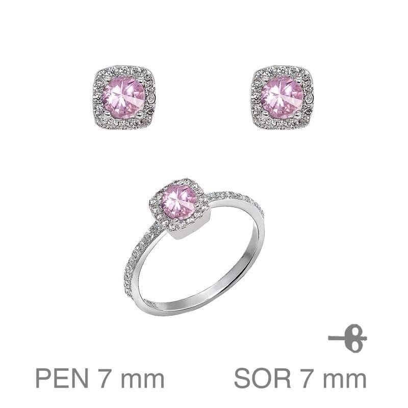 Conjunto Pendientes y Anillo con Circonitas Rosas en Plata de Ley