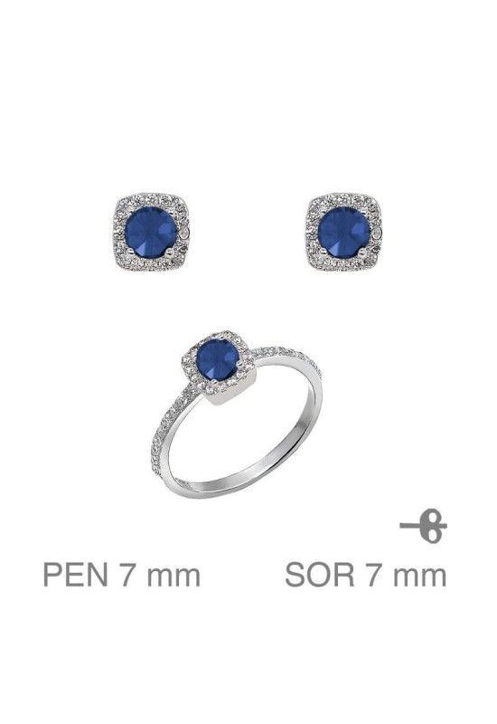 Conjunto Pendientes y Anillo con Circonita Azul en Plata de Ley