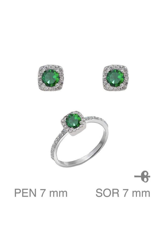 Conjunto Pendientes y Anillo con Circonita Verde en Plata de Ley