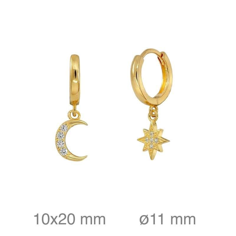 Pendientes Aros de Estrella del Norte y Luna con Circonitas en Plata Ley Bañada en Oro
