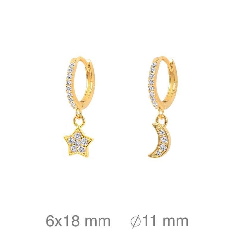Pendientes Aros de Estrella y Luna con Circonitas en Plata Ley Bañada en Oro
