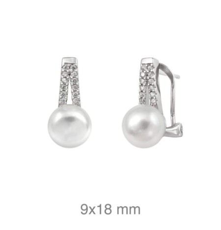 Pendientes Omega de Perla y Circonitas en Plata Ley