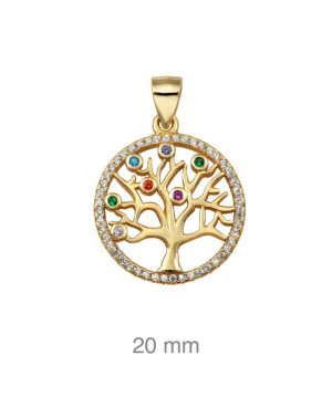 Colgante Árbol de la Vida con Circonitas Multicolores en Plata Ley con Baño de Oro