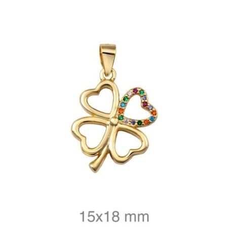 Colgante Trebol con Circonitas Multicolores en Plata Ley con Baño de Oro