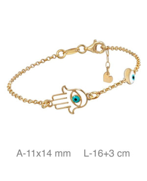 Pulsera con Mano de Fátima y Ojo Turco de Plata Ley Bañada en Oro