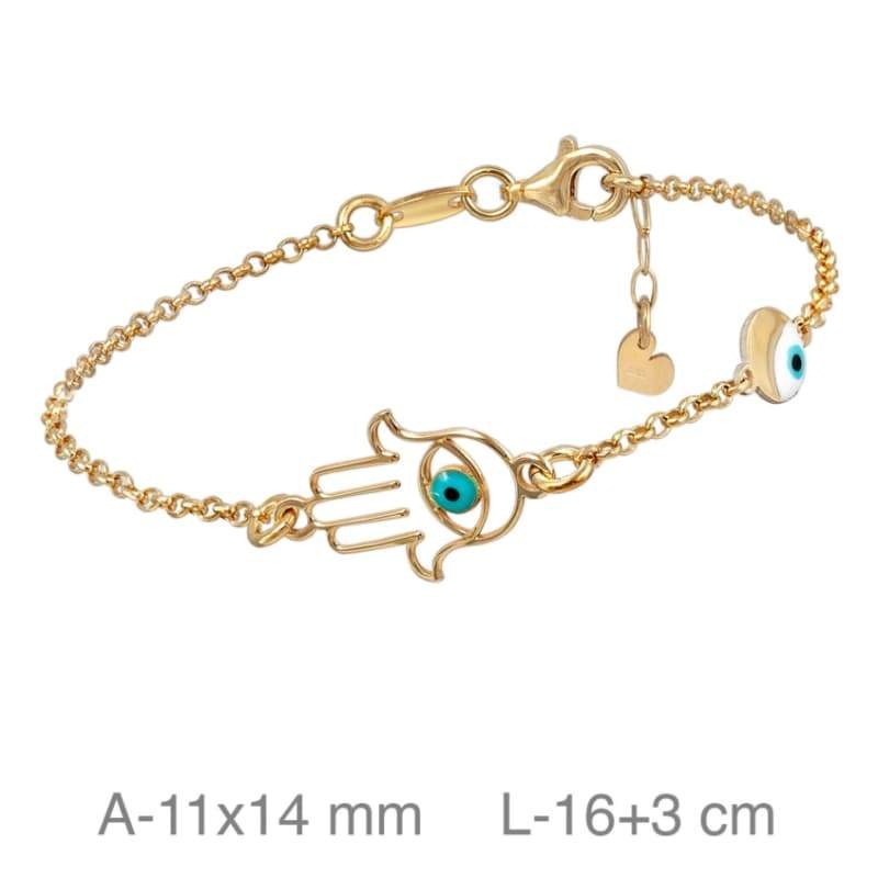 Pulsera con Mano de Fátima y Ojo Turco de Plata Ley Bañada en Oro
