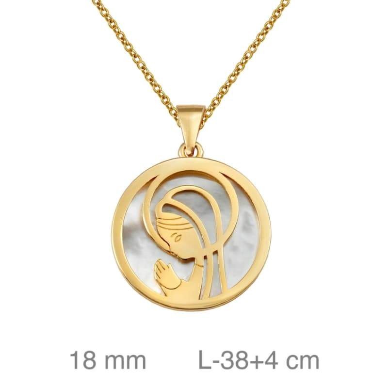 Medalla y Cadena de Virgen Niña con Nácar en Plata Ley con Baño de Oro