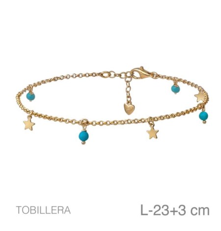 Tobillera Bolitas Turquesa y Estrellas de Plata Ley Bañada en Oro