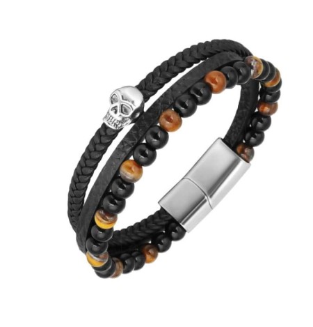 Pulsera de Calavera en Acero y Piel con Piedras Ojo de Tigre