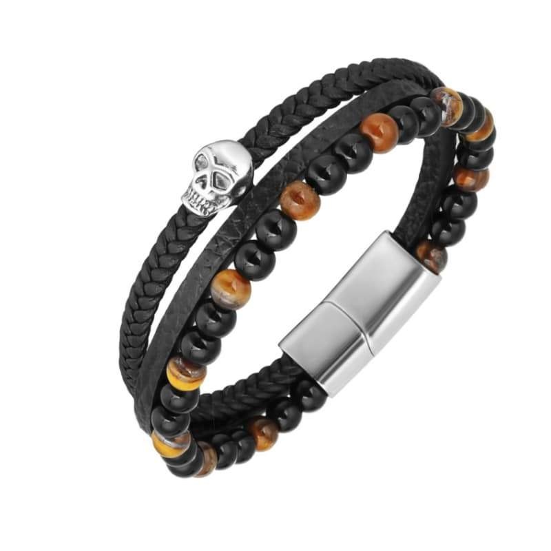 Pulsera de Calavera en Acero y Piel con Piedras Ojo de Tigre