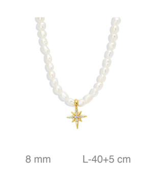 Collar de Perlas con Estrella Polar y Circonitas en Plata Ley Bañada en Oro