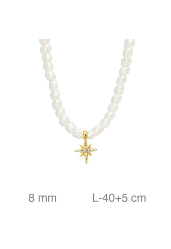Collar de Perlas con Estrella Polar y Circonitas en Plata Ley Bañada en Oro