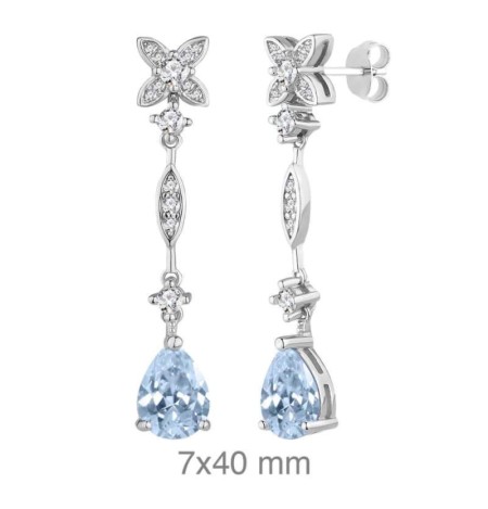 Pendientes Largos con Circonitas Blancas y Color Aguamarina en Plata Ley