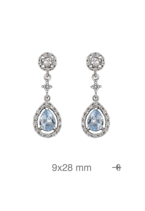 Pendientes Largos con Circonitas Blancas y Color Aguamarina en Plata Ley