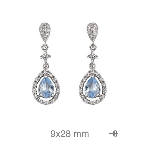 Pendientes Largos con Circonitas Blancas y Color Aguamarina en Plata Ley