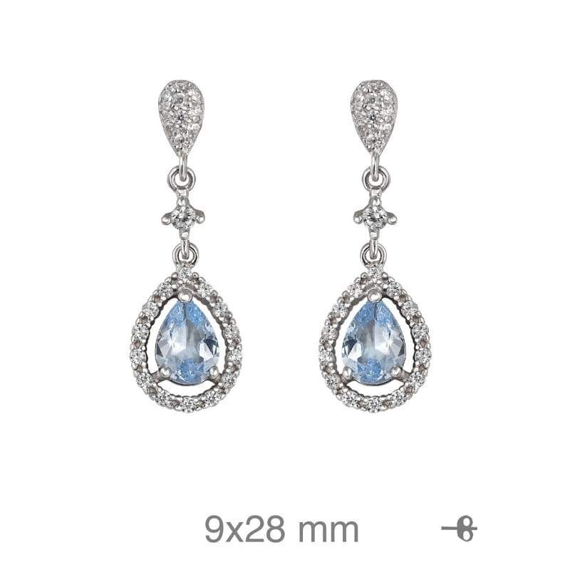 Pendientes Largos con Circonitas Blancas y Color Aguamarina en Plata Ley
