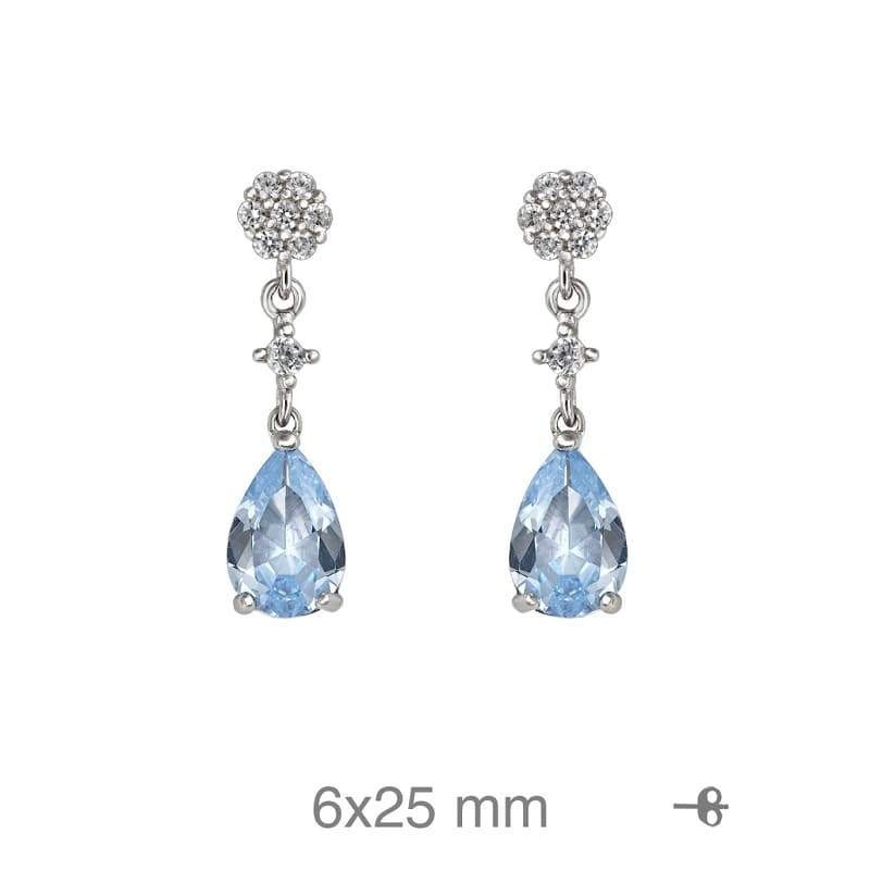 Pendientes Largos con Circonitas Blancas y Color Aguamarina en Plata Ley