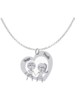 Collar Corazón + Niño y Niña + Nombres en Plata Ley