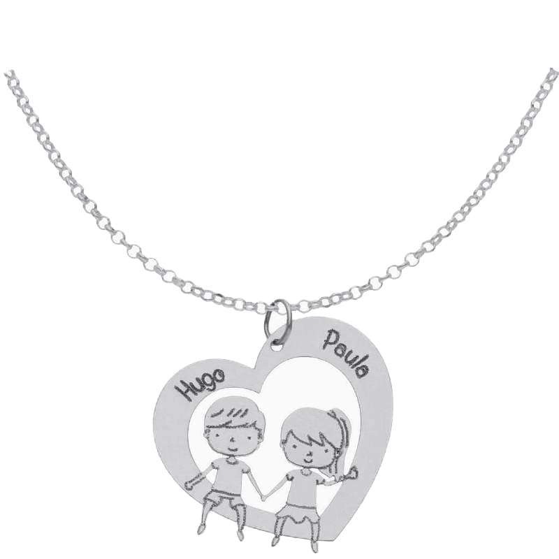 Collar Corazón + Niño y Niña + Nombres en Plata Ley