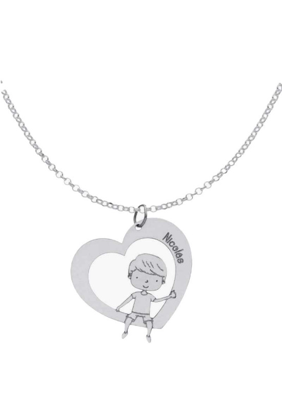 Collar Corazón + Niño + Nombre en Plata Ley