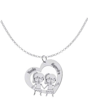 Collar Corazón + 2 Niñas + Nombres en Plata Ley