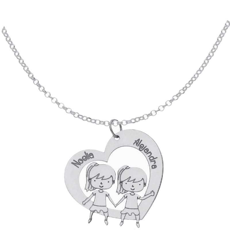 Collar Corazón + 2 Niñas + Nombres en Plata Ley