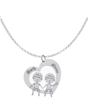 Collar Corazón + 2 Niños + Nombres en Plata Ley