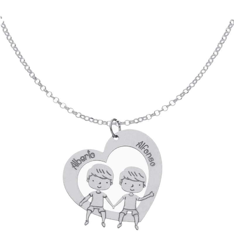 Collar Corazón + 2 Niños + Nombres en Plata Ley