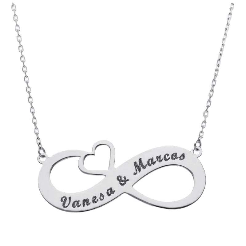 Collar Infinito + Corazón + Nombres en  Plata Ley