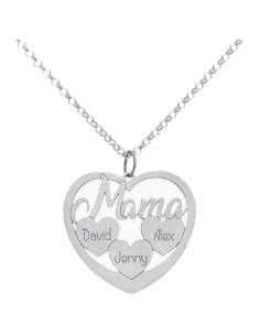 Collar Mama Corazón + 3 Corazones con Nombres en Plata Ley