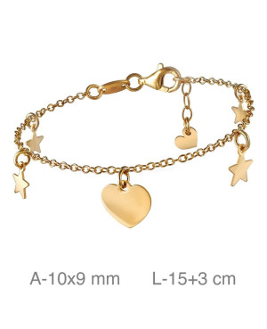 Pulsera con Corazón y Estrellas en Plata Ley Bañada en Oro