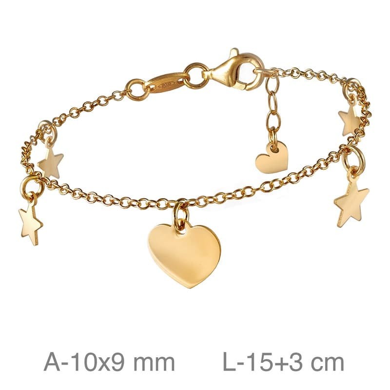 Pulsera con Corazón y Estrellas en Plata Ley Bañada en Oro