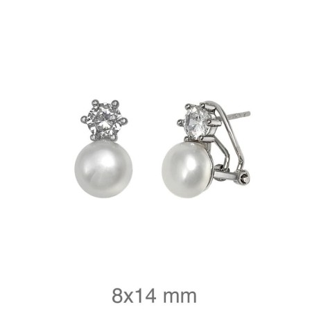 Pendientes Omega con Circonita y Perla de Plata Ley