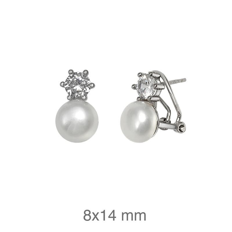 Pendientes Omega con Circonita y Perla de Plata Ley