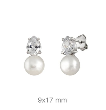 Pendientes Circonita y Perla de Plata Ley