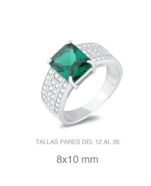 Anillo con Circonitas la Grande color Esmeralda en Plata Ley