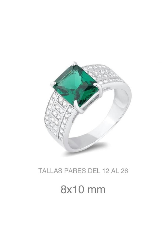 Anillo con Circonitas la Grande color Esmeralda en Plata Ley