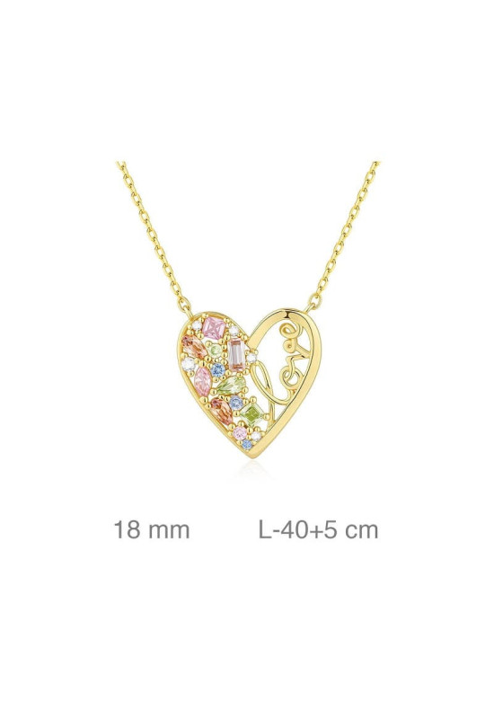 Collar Corazón Love con Circonitas Multicolor Plata Ley con Baño de Oro