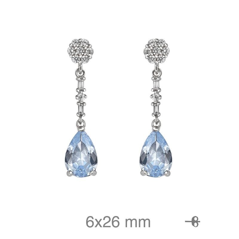 Pendientes Largos con Circonitas Blancas y Color Aguamarina en Plata Ley