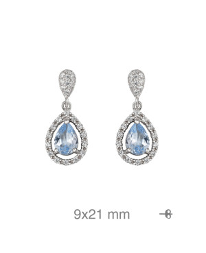 Pendientes Largos con Circonitas Blancas y Color Aguamarina en Plata Ley