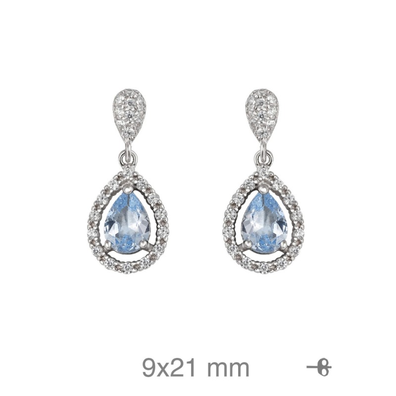 Pendientes Largos con Circonitas Blancas y Color Aguamarina en Plata Ley